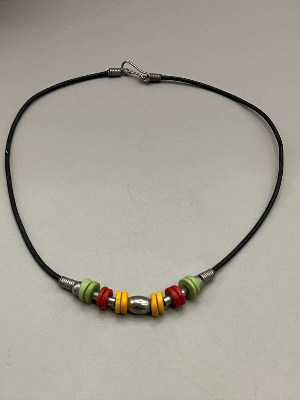 Vintage Modernist Colorful Disc Bead Necklace Black Cord Silver Tone 90s Y2K - Picture 3 of 4
